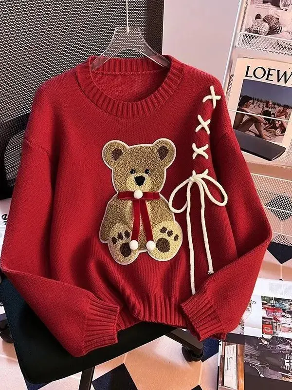 Cartoon Bear Red Knitted Sweater round Neck Short Loose Style Korean Version Commute Style Long Sleeve Top for Young Women