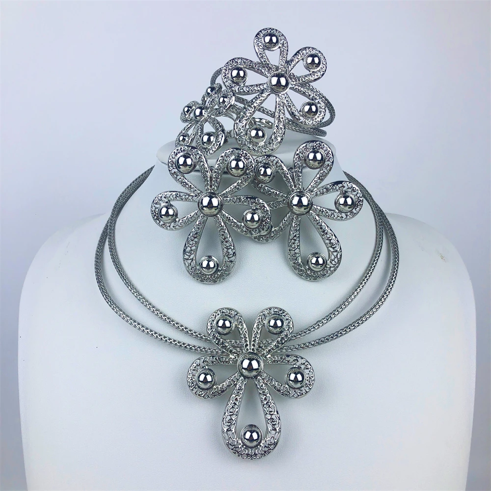 

ESALE White Gold Color Jewelry Set Elegant Pendant Necklace Earrings Bracelet Ring 4PCS Set Jewelry Wedding Party Trending