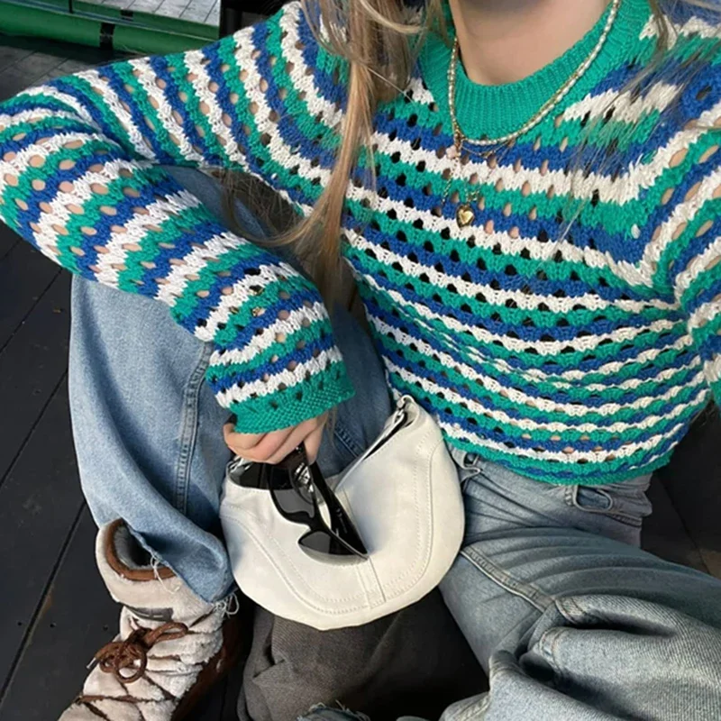 90s Vintage Striped Knitted Crop Top Y2K Crochet Hollow Out Long Sleeve Pullovers Tees Aesthetic Retro T-shirt Sweater Women