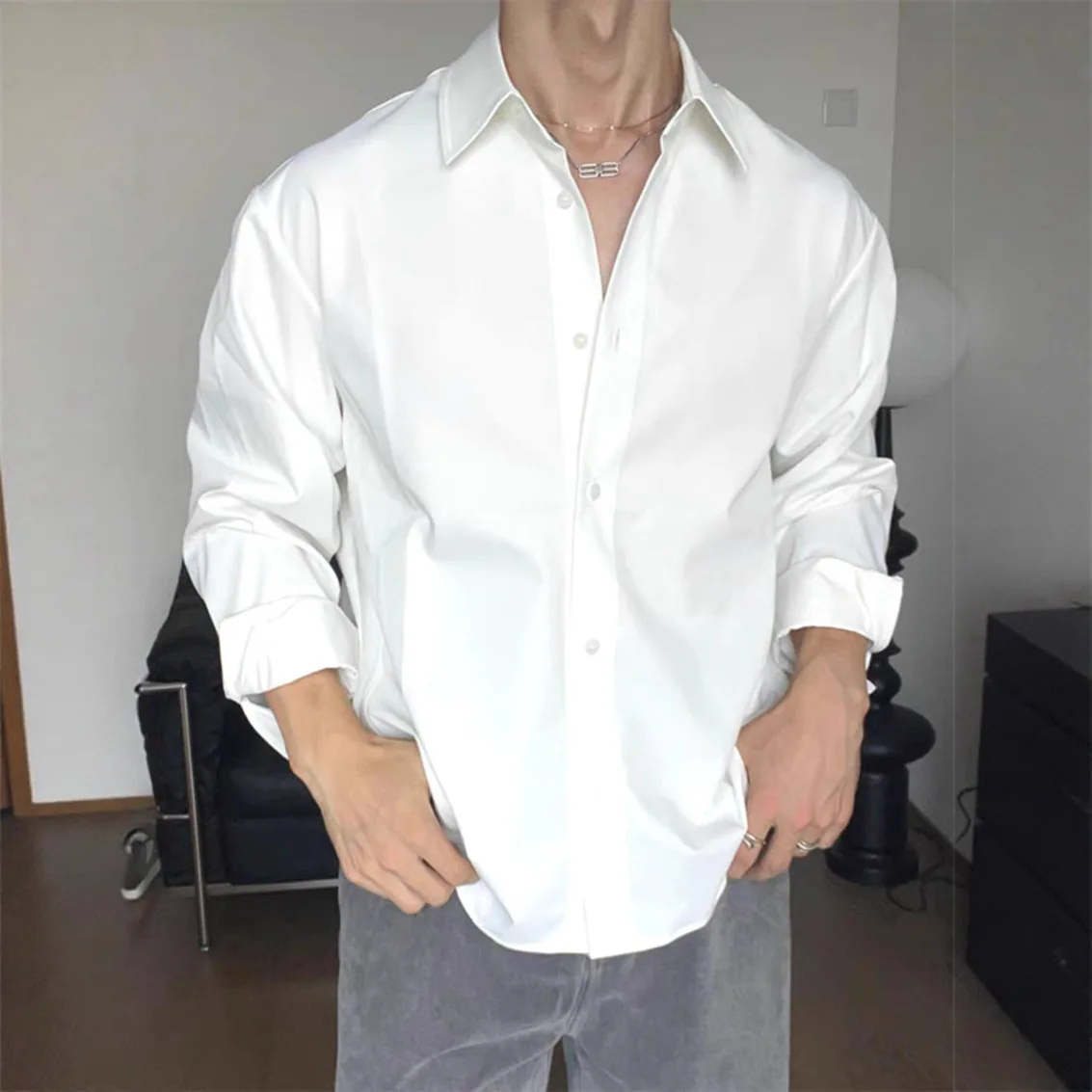 Italian Premium White Wrinkle-Free Ice Silk Chiffon Loose Long Sleeve Shirt Men's Casual Top