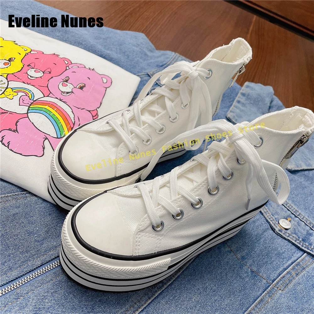 Canvas Thick Sole Women Casual Sneakers Round Toe Cross Tied Zipper Decoration Sewing Height Increasing Pumps 2025 Spring Trend