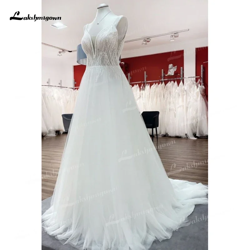 Sexy Boho V-neck Backless Spaghetti Straps Lace A-Line Wedding Dresses Netting Bridal Gowns Sweep Sleeveless vestido de noiva