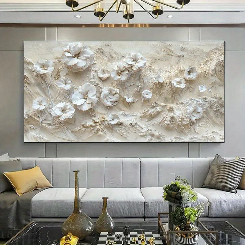 Modern White Floral Canvas Art - Winter Landscape Poster for Living Room and Bedroom Decor,  Tones with Textured Background