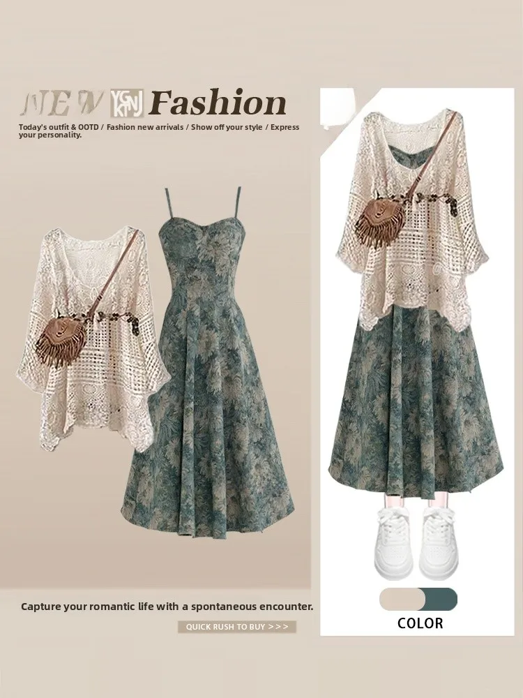 

Retro Floral Print Hollow out Women's Dress Two-Piece Set Short Sleeve round Neck T-Shirt Casual Style Autumn Design