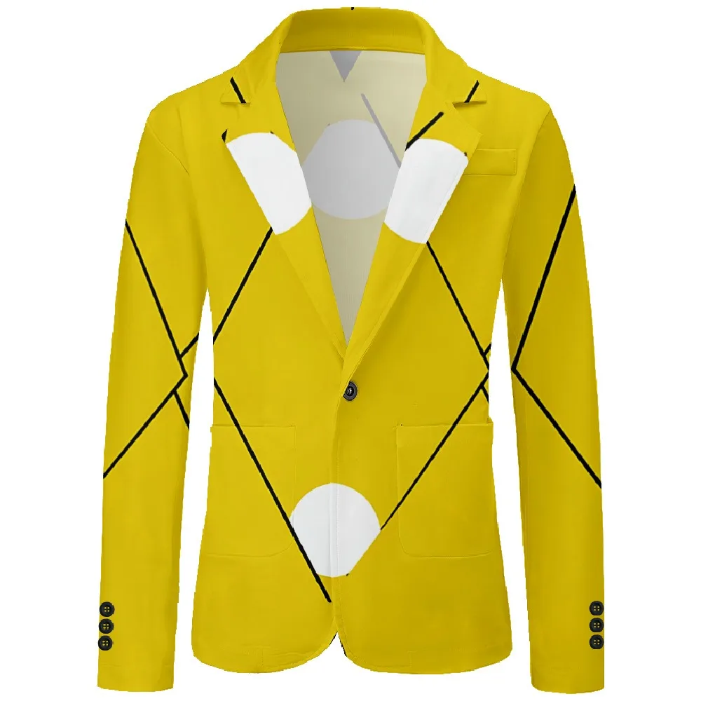 

Мужской стильный желтый пиджак с минималистичным черным линейным геометрическим узором и белыми круглыми акцентами для повседневного и офисного ношения