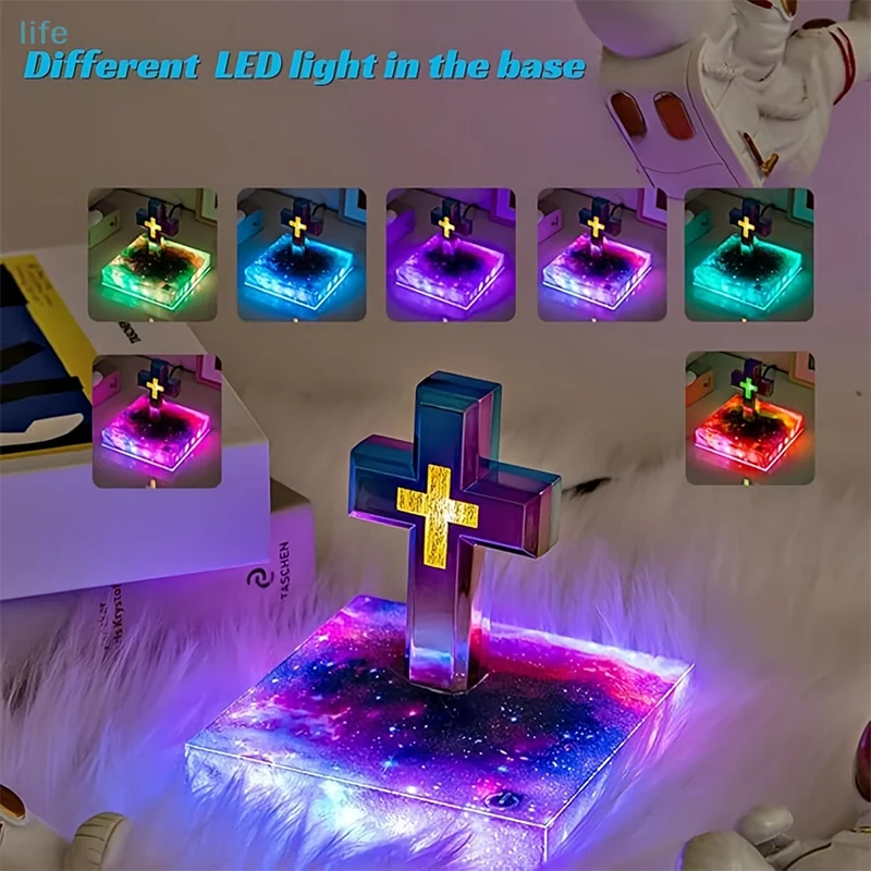 New Maglev Cross Table Lamp Levitating Cross Lamp Jesus Blessing Light Luxury Base Colorful Light Transformation Starry Sky