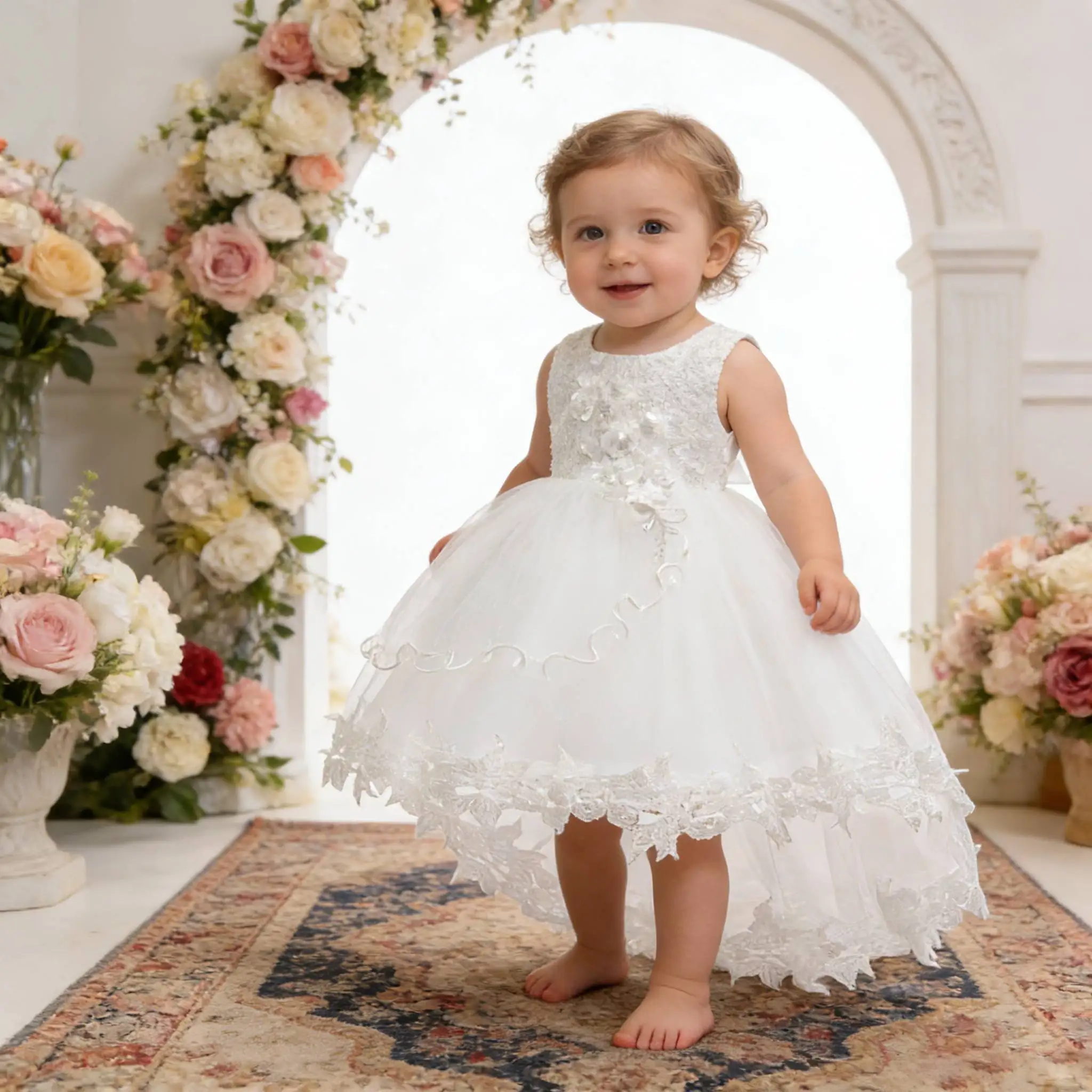 2026 Formal Summer Girls trailing Dress Lace  Flower Girl Party Dresses Children Costume baby Kids Wedding Princess Birthday Dre