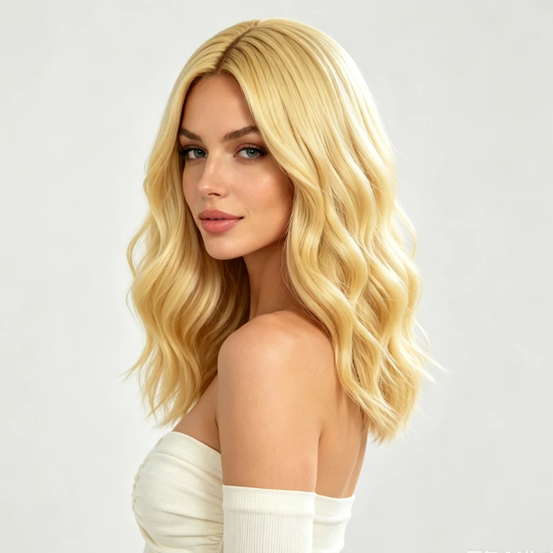 Stylish, voluminous, 16-inch blonde synthetic wig with curls; versatile and easy to style.