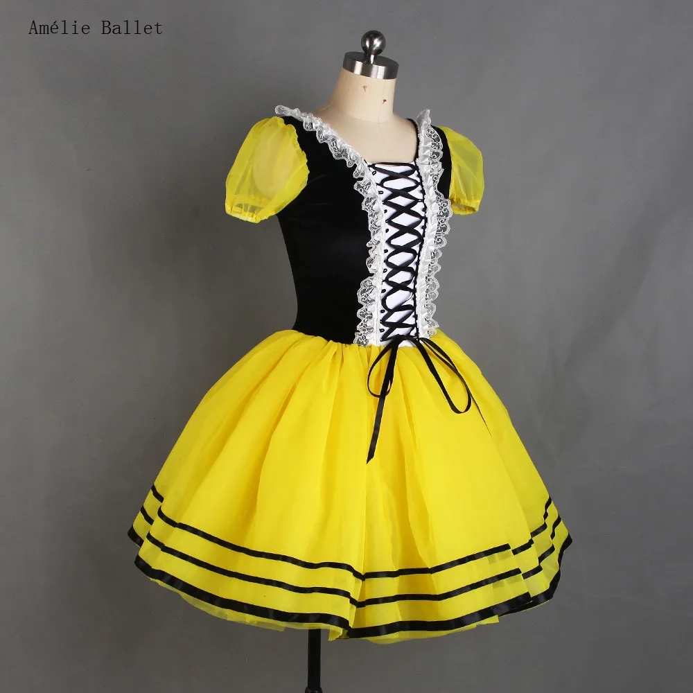 21046 Leotardo de terciopelo elástico negro con mangas abullonadas amarillas adjuntas 5 capas tutú de tul amarillo faldas de baile de Ballet para niños adultos