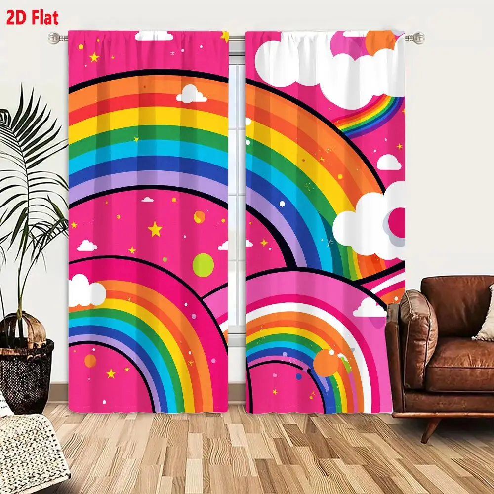 2Pcs Curtains 2D Flat Whimsical Retro Cartoon Rainbows Illustration With Fluffy Clouds Stars And Dots On Bright Pink Background