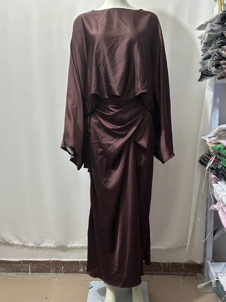 Eid Muslim 2-częściowy zestaw dla kobiet Satynowa koszula i spódnica z rękawem nietoperza Ramadan Woman Kimono Robe Caftan 2024 Musulman Ensembles garnitury