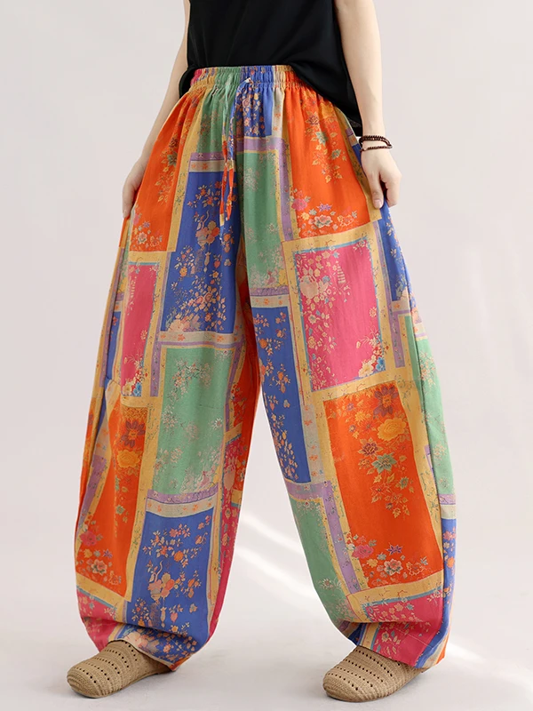 Retro Cotton Linen Printed Arc Blade Pants Women's Casual Trousers All-Match High-Definition Raindrop Lantern Pants