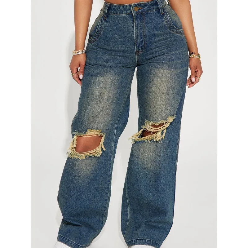 2025 Herfst Amerikaanse Retro Losse Afslanken Y2K Stijl Dames Zware Gewassen Kniegat Comfortabele Casual Wijde Pijpen Denim broek