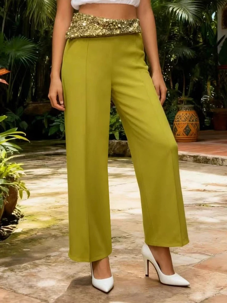エレガントな無地ポケットストレートパンツ新しい女性カジュアルシンプルなパーティーロングパンツファッションスパンコールスプライスハイウエストパンツ