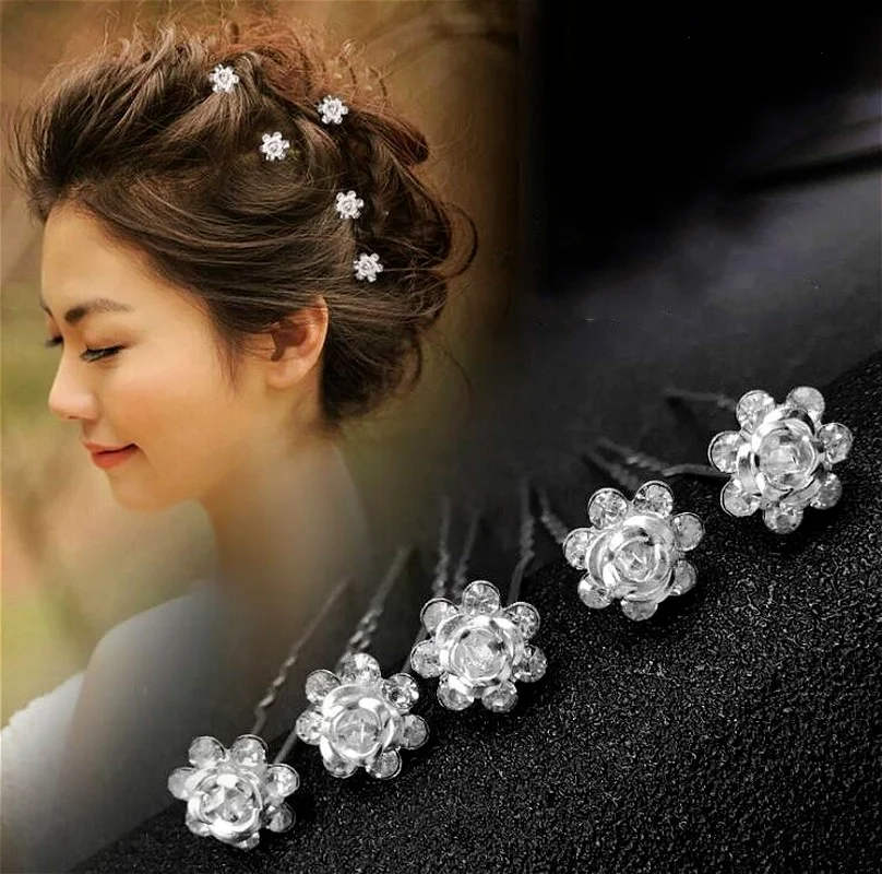 

10PC Wedding Bridal Rose Flower Silver Pin Hair Pins Flower Hairpin Hair Clips Bridesmaid Jewelry Accessories Wholesale DropShip