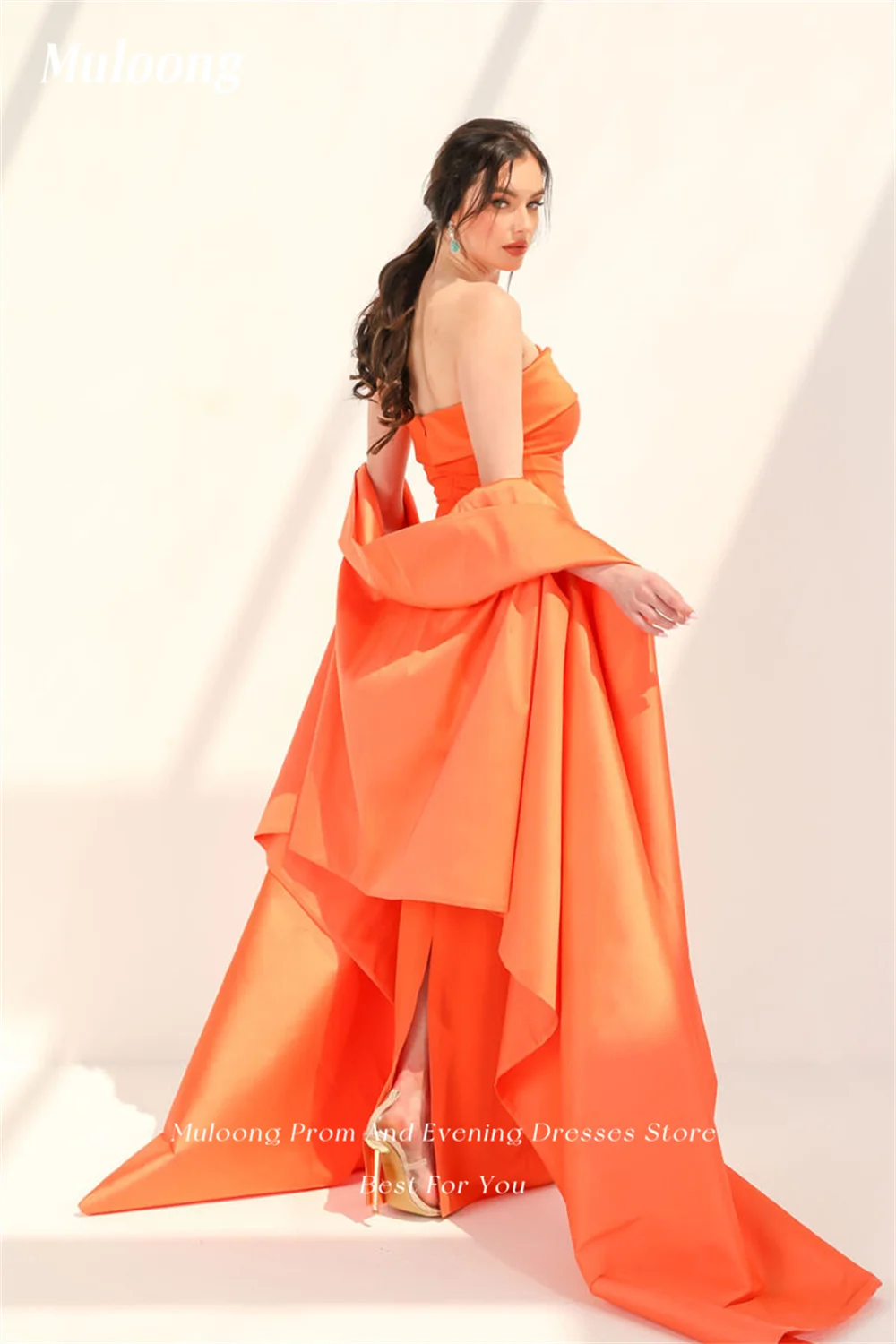 Muloong Orange Strapless Dubai Evening Dresses Straight Floor Length Prom Gown Pleated Long Shawl Luxury Woman Party Dress