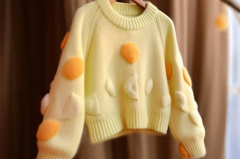 Autumn Winter New Beautiful Sweet Sweater Pullover Women's Jumper High-Grade Yellow Round Neck Crocheted Knitted Sweaters Top