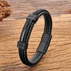 Trendy Minimalist Men Leather Rope Bracelet Arc Hollow Stainless Steel Braclet Homme Accessories Boyfriend Gift Pulsera Hombre