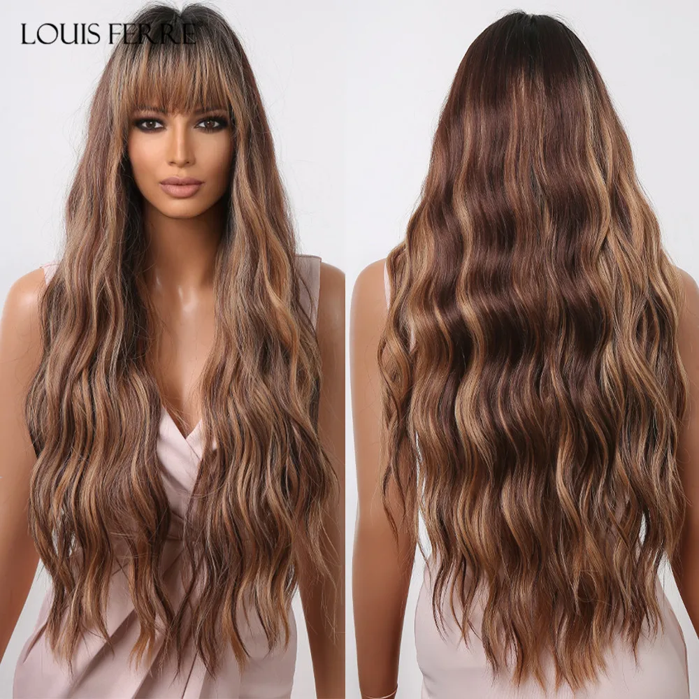 LOUIS FERRE Chocolate Brown Curly Wave Synthetic Wig for Women Long Blonde Highlights Wigs with Bangs Daily Heat Resistant Hair