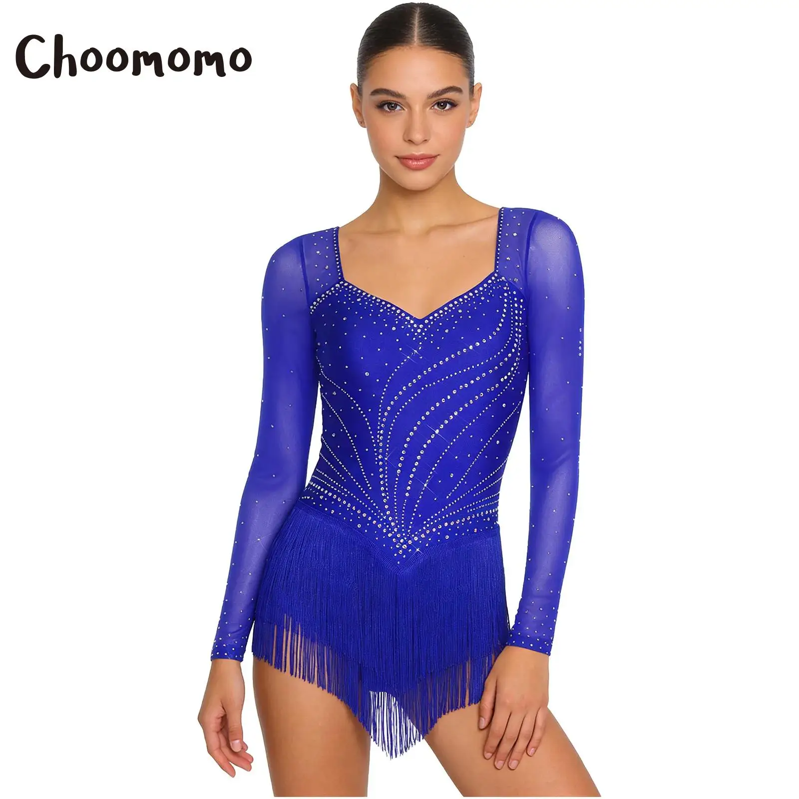 

Womens Rhinestones Latin Dance Leotard Dress Mesh Tiered Tassel Fringed Jumpsuit Bodysuit Figure Skating Tango Rumba Performance