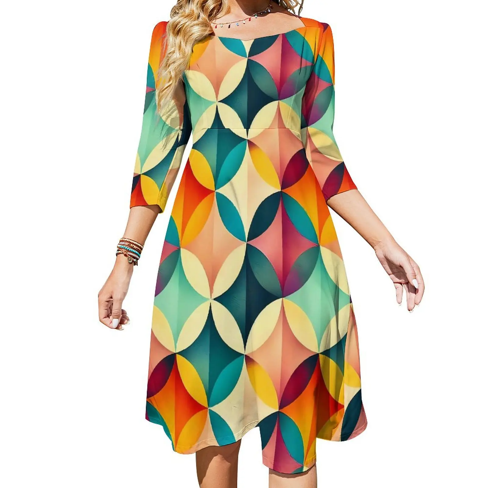 

Color Vintage Geometric Dress Spring Abstract Art Trendy Dresses Women Three Quarter Aesthetic Custom Oversized Casual Dress