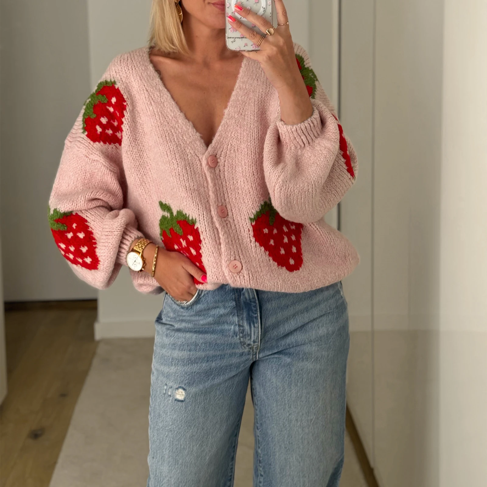 Women Knit Cardigan Long Sleeve Strawberry Button Closure Fall Casual Jacket Sweater