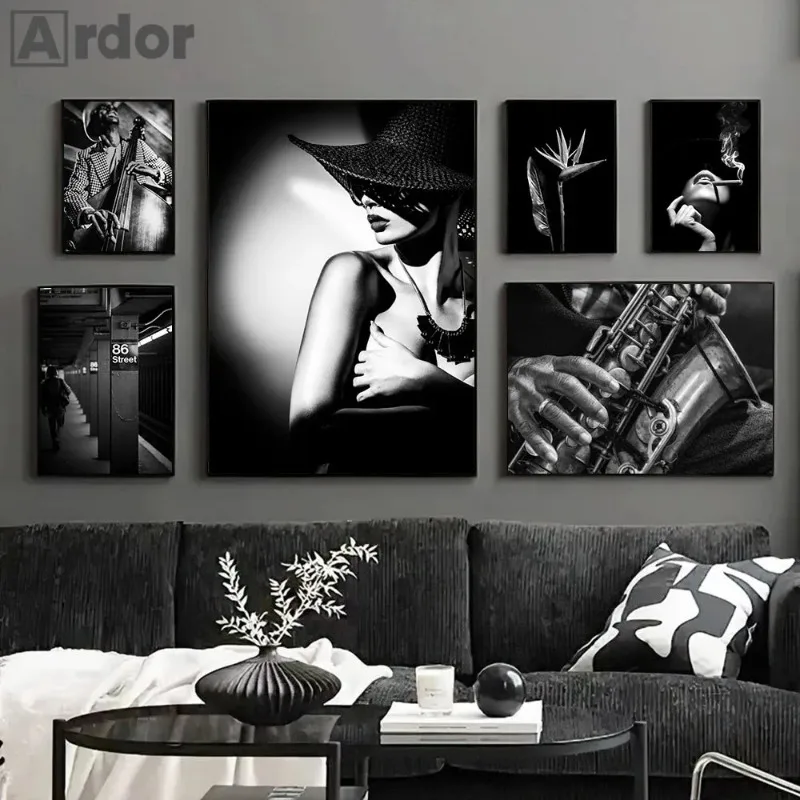 Black And White Poster Band Guitar Jazz Music Canvas Painting Woman Vintage Art Prints Nordic Wall Pictures Bedroom Home Decor