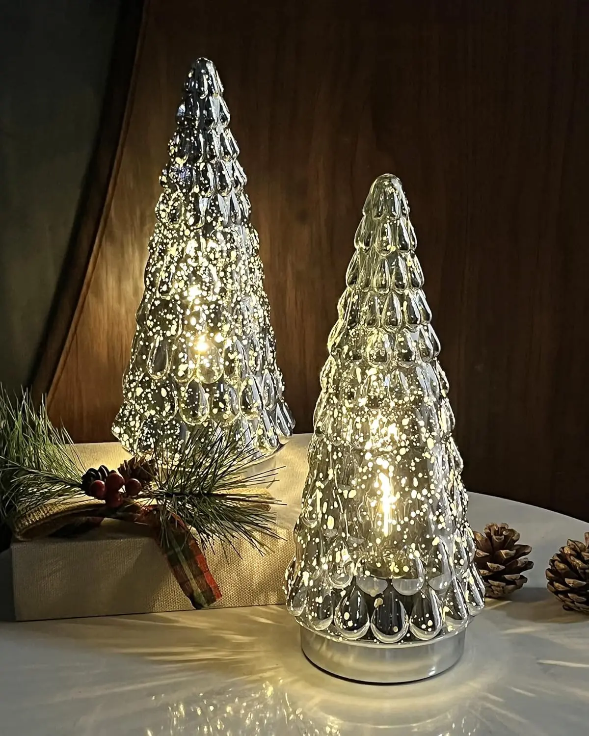 

Silver Mercury Glass Christmas Tree with Lights, Battery Operated Mini Xmas Decor for Tabletop Fireplace Bathroom, Set of 2
