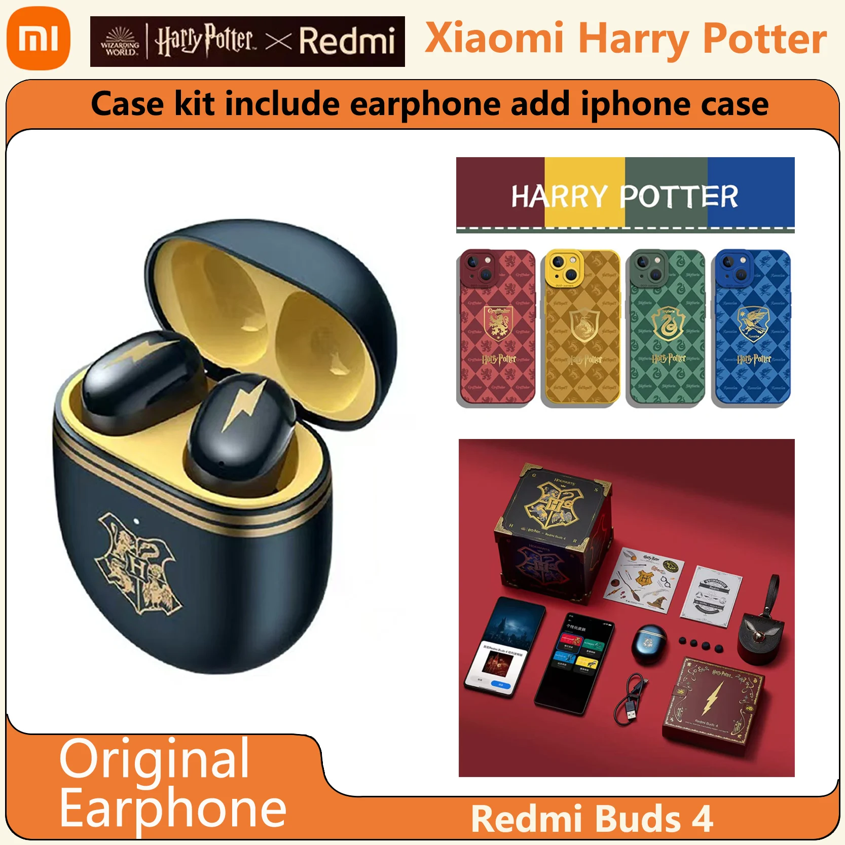 

Xiaomi Harry Potter Redmi Buds 4 Earphones Wireless Bluetooth Case Kit Include Accessory gift box set Iphone Case For Iphone 15