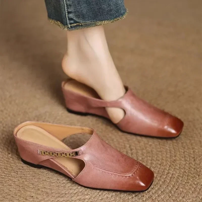 

2026 New Retro Style Baotou Women's Sandals Half Slippers Square Toe Inside Heightening