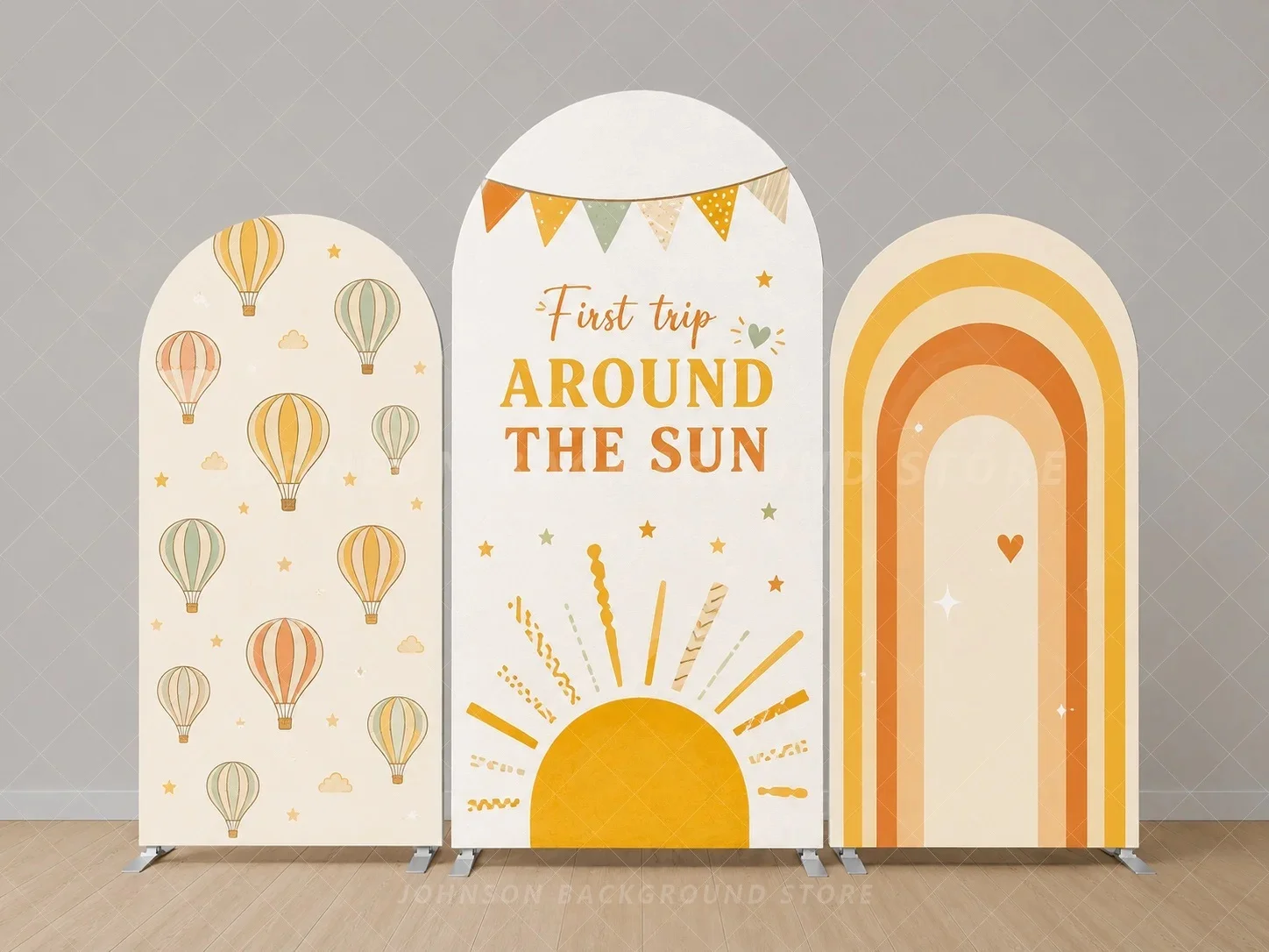 First Trip Around the Sun Arch Backdrop Cover Hot Air Balloon Boho Rainbow Three Panel First Birthday flag Background