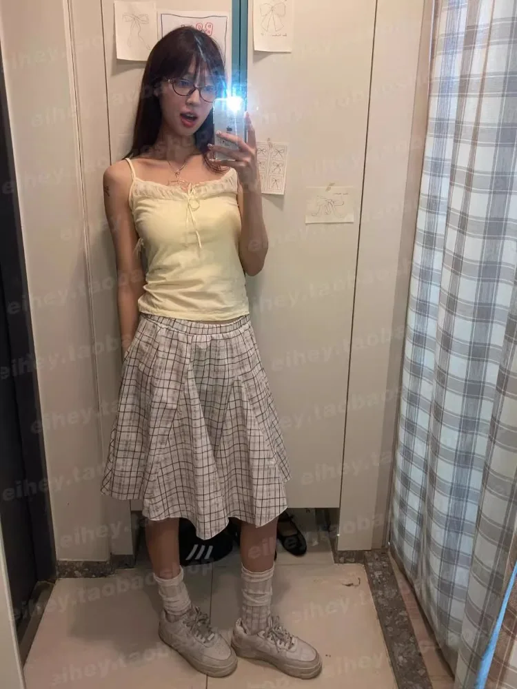 

Korobov Plaid Pleated Casual A-line Skirt Splicing High Waist Slim Skirts Korean Fashion Irregular Skirt Women's Clothing Faldas