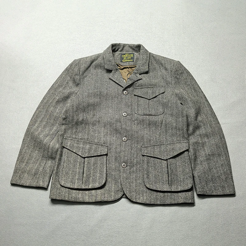 

2025 Autumn and Winter New American Retro Chevron Thick Wool Blazers Men's Simple Multi-pocket Stand Collar Casual Suit Jacket