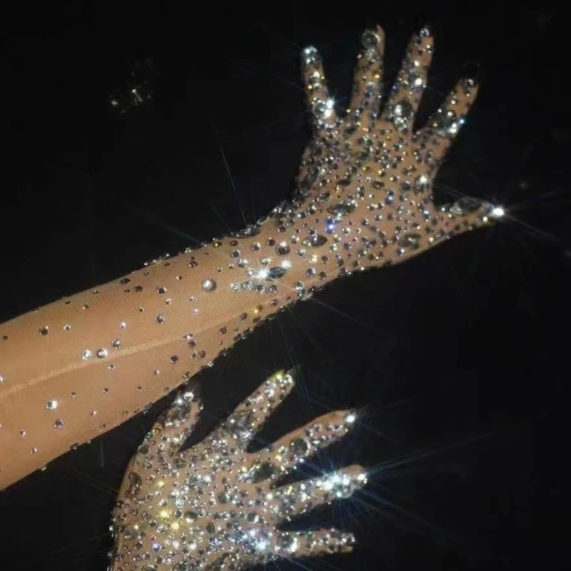 Luxurious Stretch Rhinestone Women's Gloves Wedding Party Sparkling Long Mesh See Through Gloves Singer Stage Dance Accessories