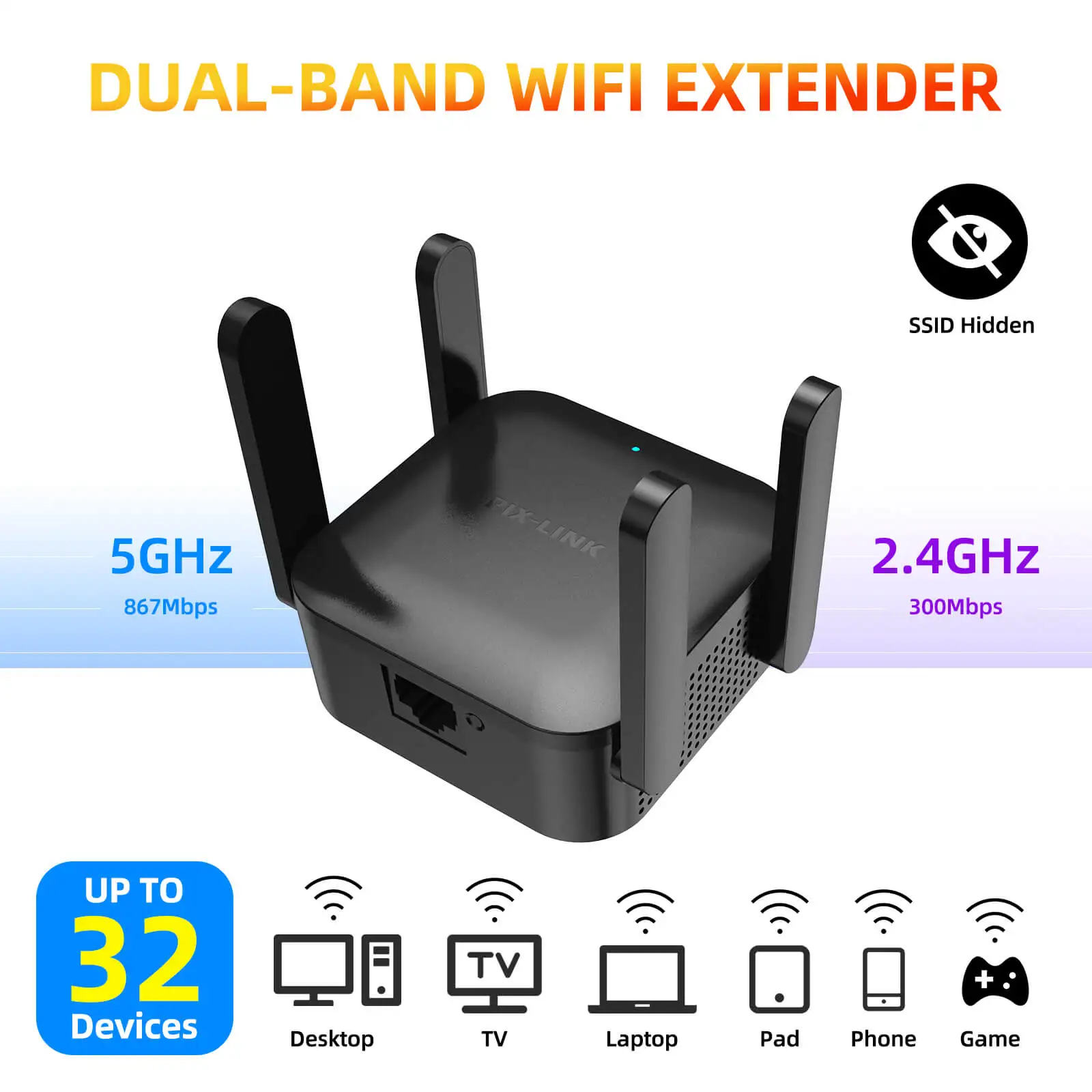 PIX-LINK AC28 New 1200M Dual Band WiFi Repeater Wireless Router  Wi-Fi Amplifier Range Extender Wall-Through Strong WiFi Booster