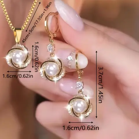 3PCS Rhinestone Pearl Jewelry Set Shining Zircon Flower Pendant Necklace Earrings Hoop For Banquet Party Jewelry Women Gifts