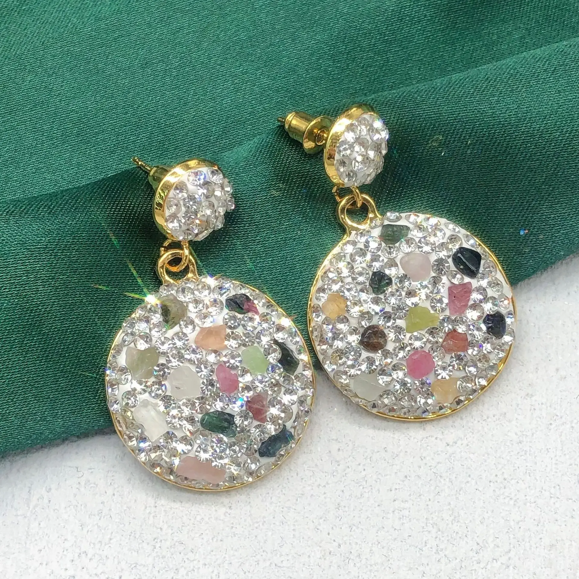 Natural color tourmaline rough stone Czech diamond inlaid earrings European and American cross-border fashion simple and versati