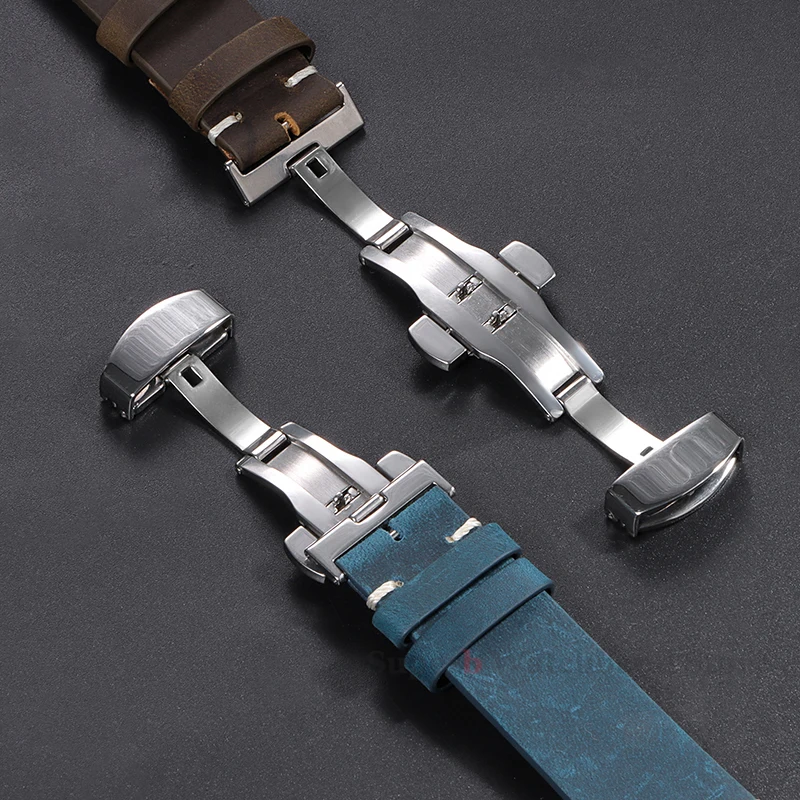 Tali Kulit Sapi Jahitan untuk Omega 18/19/20/21/22/24Mm untuk Gelang Tangan Tali Jam Tangan Kulit Antik untuk Gesper Kupu-kupu Seiko