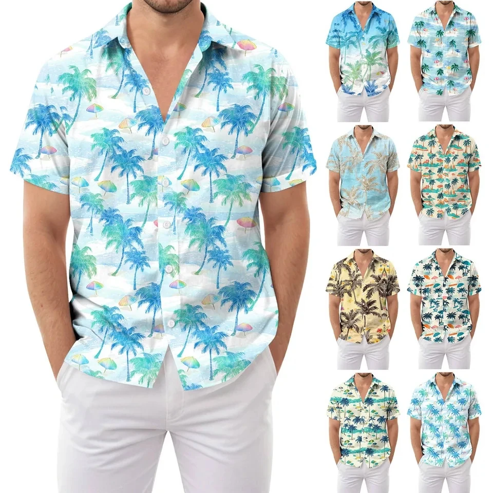 Hawaiian Shirt For Men Coconut Tree Graphic Blouses Casual Short Sleeve Beach Shirts Vacation Style Button Down Shirt Tops