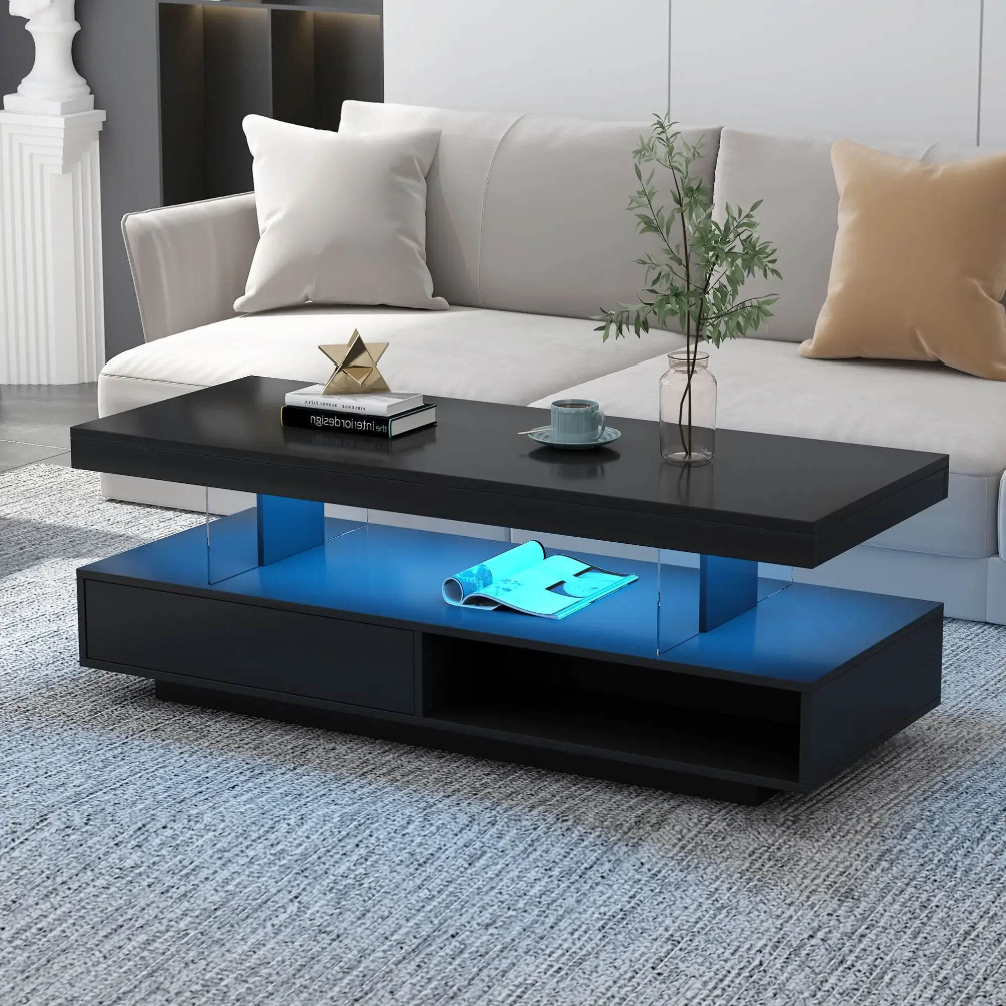 

LED Coffee Table with Storage, Modern Center Table with 2 Drawers and Display Shelves, Accent Furniture with LED Lights Tables