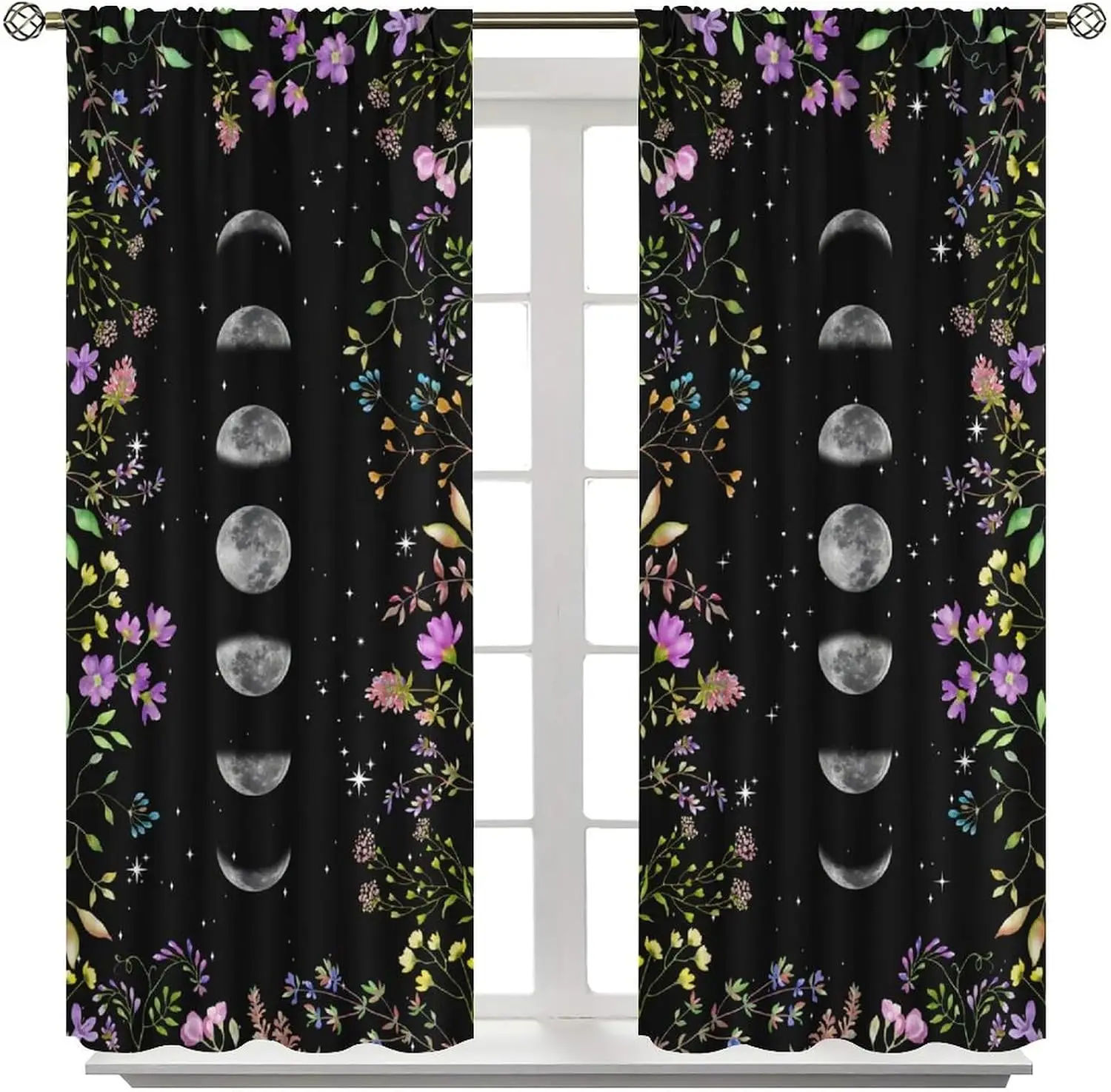 Bohemian Celestial Floral Moon Star Curtains Dark Galaxy Botanical Window Panels Drape Curtain Set for Bedroom Living Room Home