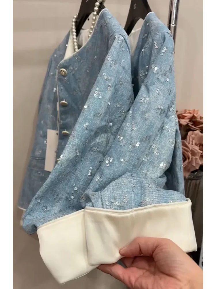 

Blue iny Sequin ort Jaet Women's Spring Loose Slimming Top High-End Feeling Ladylike Straight Cut Commute Sle