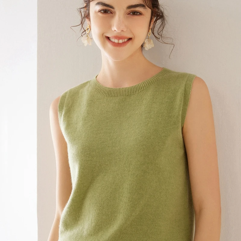 Summer New Women's O-Neck Knitted 100% Cashmere T-shirt Tank Top Fashion High end Short Women's Pullover Sleeveless Tank Top Thi image 3