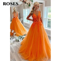 ROSES Orange A Line Chic Woman Evening Dress Gown V Neck Appliques Ball Gown Tank Backless Night Dresses Gown robes de soirée