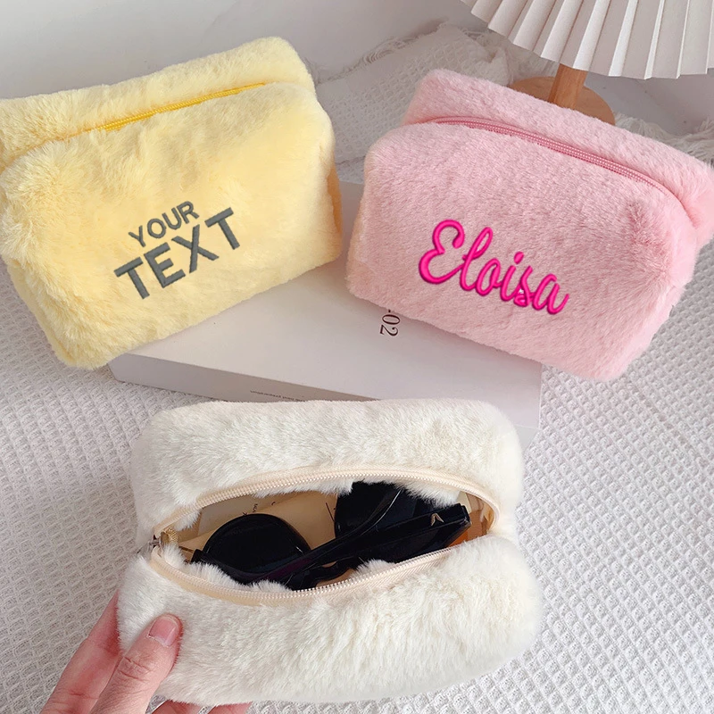 Custom Name Solid Color Cosmetic Bags Cute Fur Makeup Bag for Women Travel Make Up Toiletry Bag Washing Pouch Plush Pen Pouch