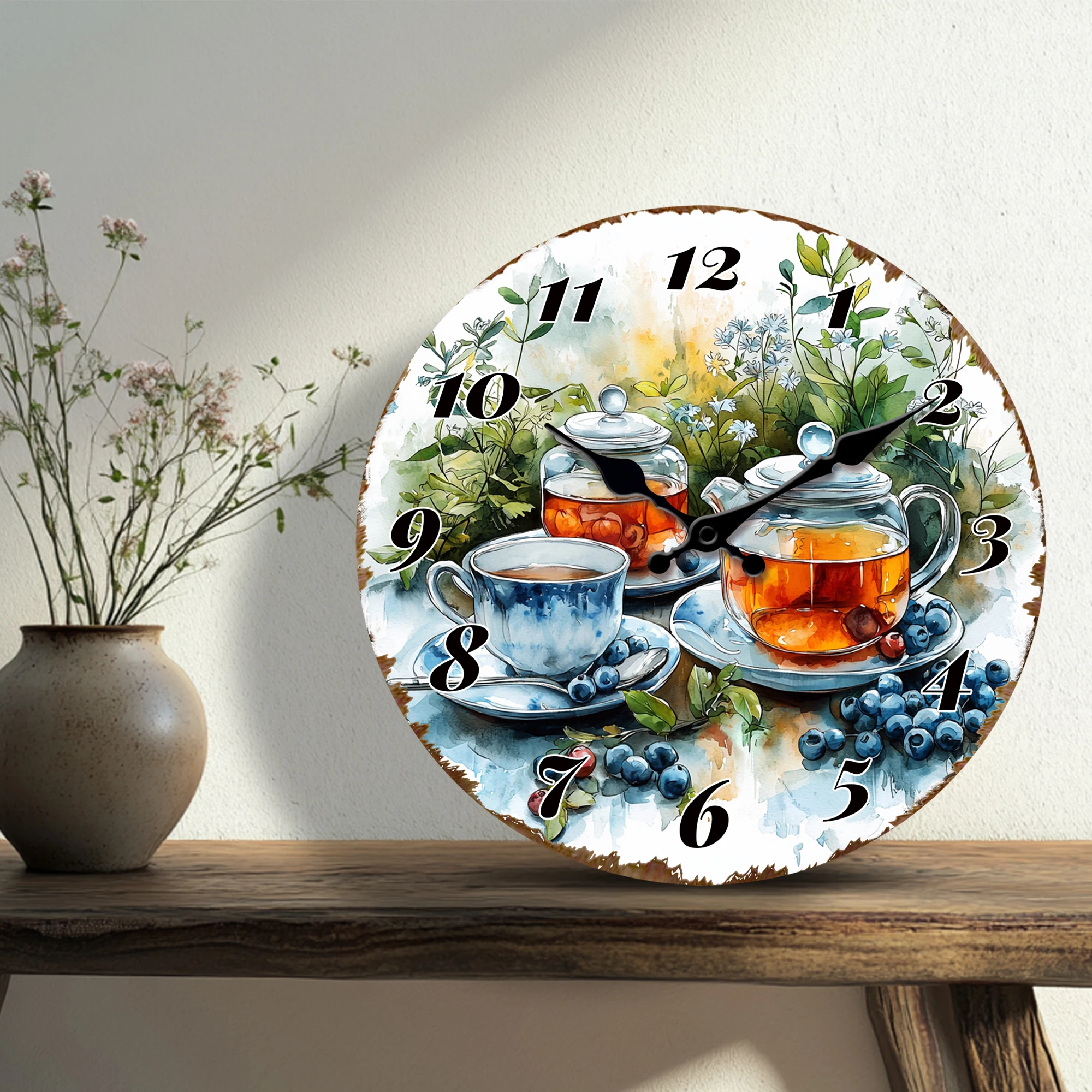 Quaint Tea Time Wall Clock, Vintage Teapot and Cups Design Round Clock, Cozy Kitchen Home Decor Timepiece with Floral Background