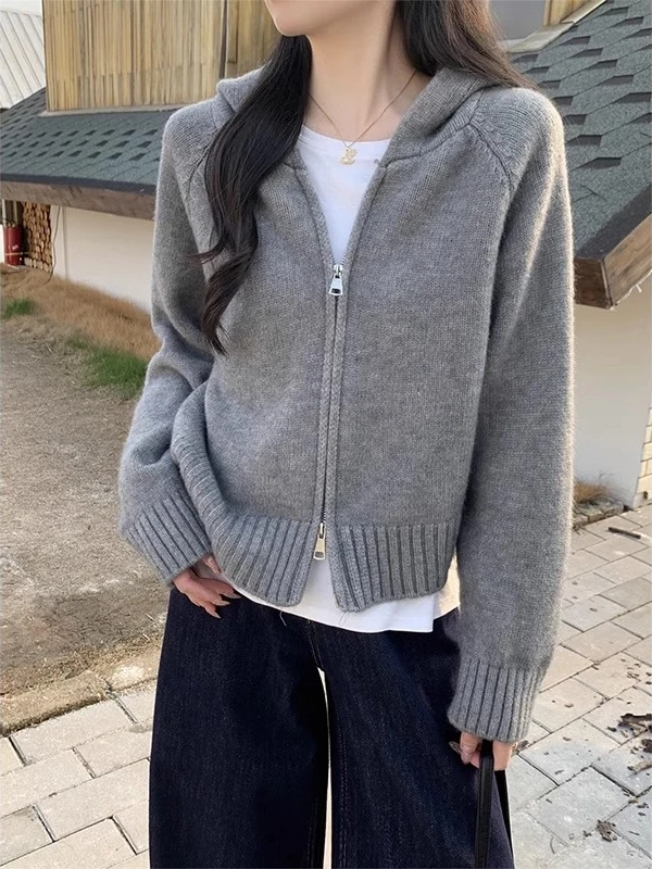 

ay Hooded Double Zipper Knitted Sweater Jaet Women's Loose Casual Sle Slimming Top Vintage 2025 New Arrival