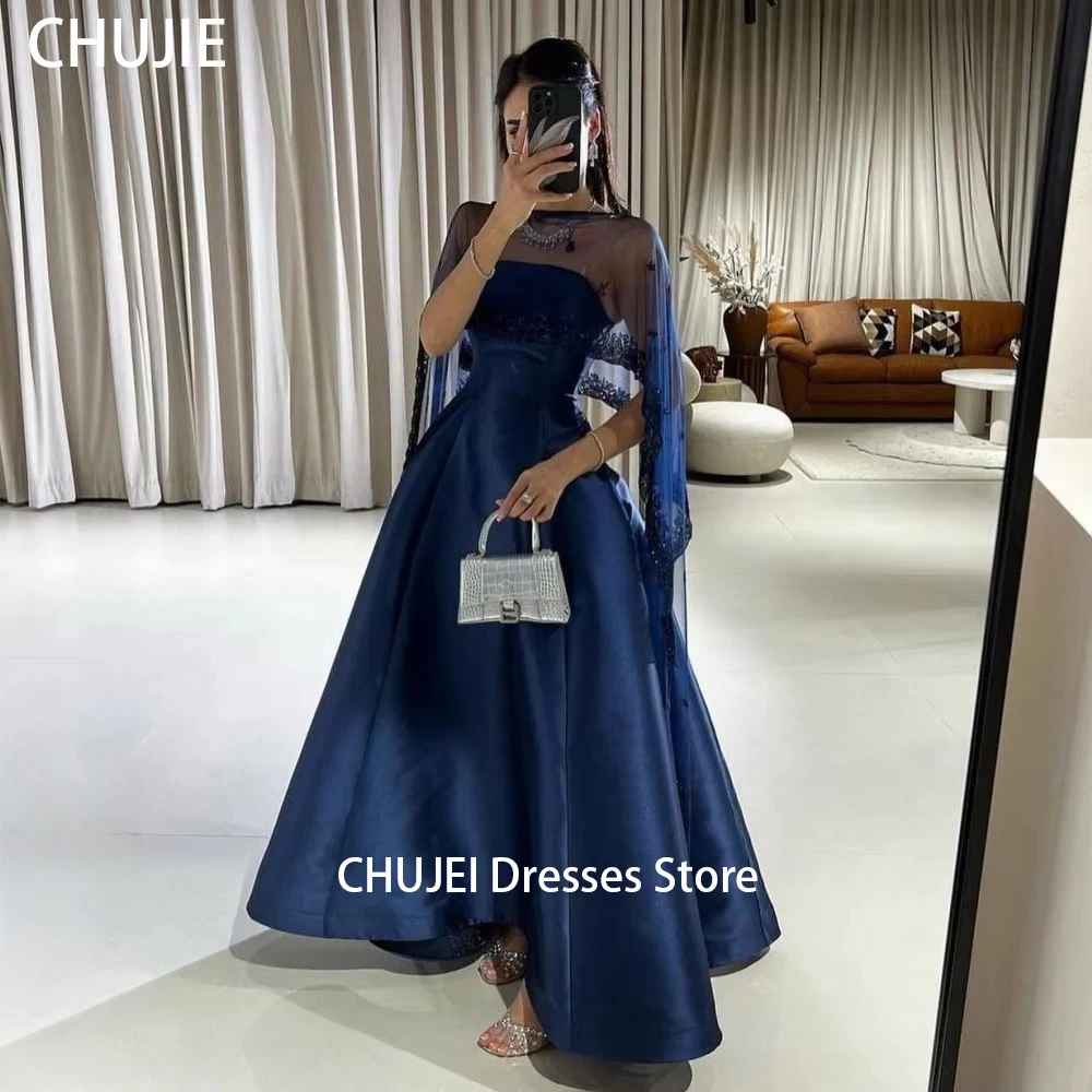 

Dark Blue Customized Satin Evening Dresses Modern Style A Line Midi Dresses Prom Dresses Pastrol Unisex Formal Fashion Gowns