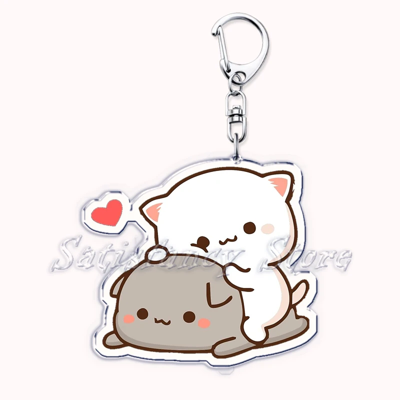 Cute Peach e Goma Acrylic Cat Keychains, anel de afago para casais, acessórios para bolsa, chaveiro pingente, jóias para fãs, presentes para amantes