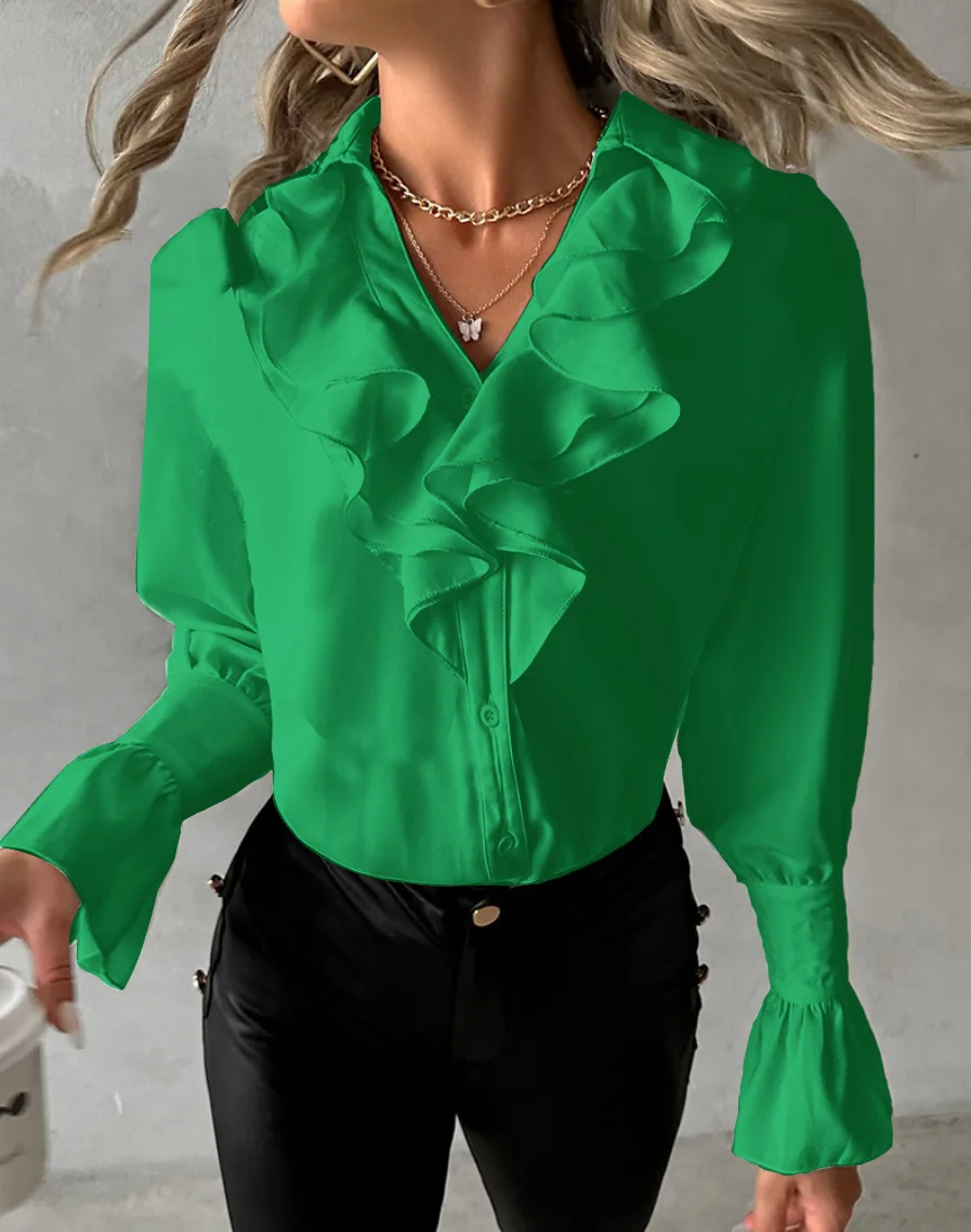 

Ruffles White Office Ladies Shirt Blouse Spring Autumn Fashion V-neck Long Sleeve Shirts For Women 2024 Casual Solid Tops Femme